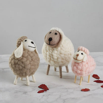Adorable felt sheep miniature figurines in various colours and sizes for home decoration