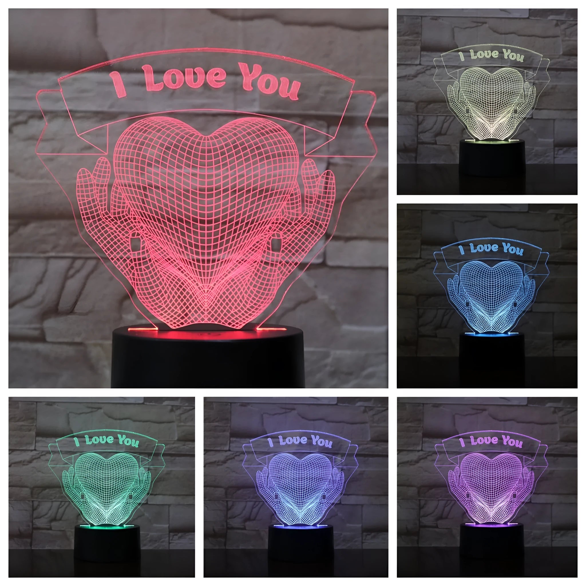 3D night light with hands holding love design, seven colour options, touch control and remote