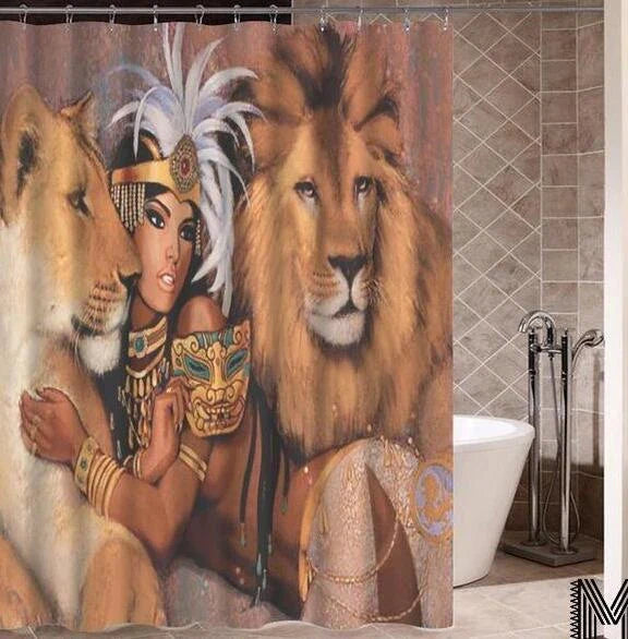 Colorful African girl portrait with graffiti art and modern buildings on a shower curtain