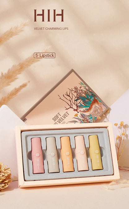 Soft mist velvet lipstick set with five shades in coordinated packaging