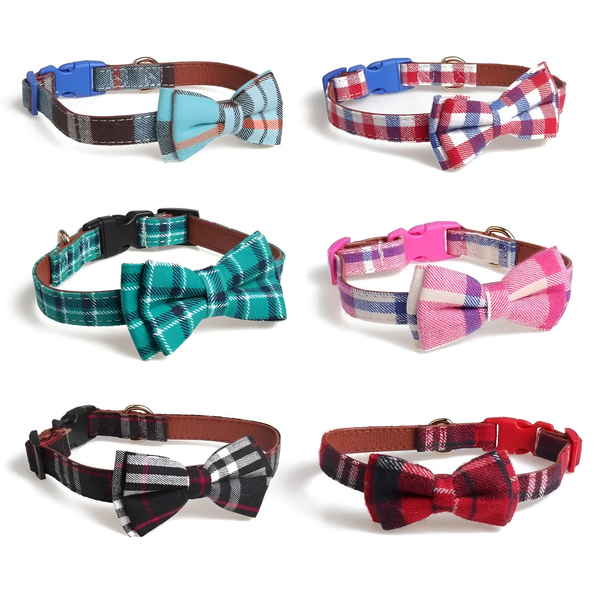 Adjustable bowknot traction collar for dogs made from cotton and PU leather in lattice pattern