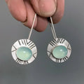 Antique silver water green chalcedony drop earrings for women, 44mm by 17mm, retro style with round elements