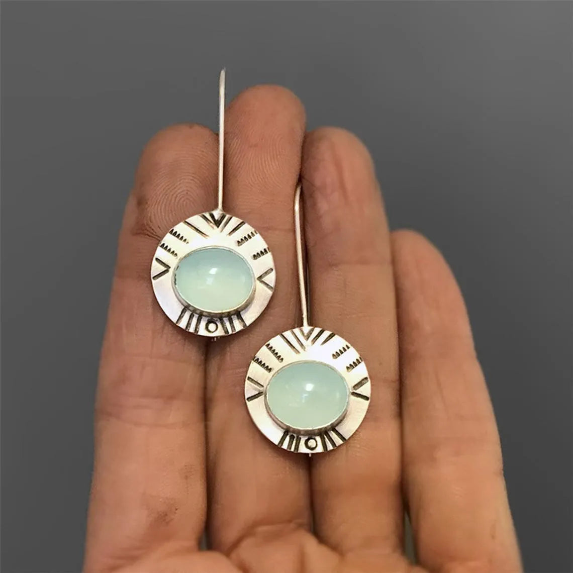 Antique silver water green chalcedony drop earrings for women, 44mm by 17mm, retro style with round elements
