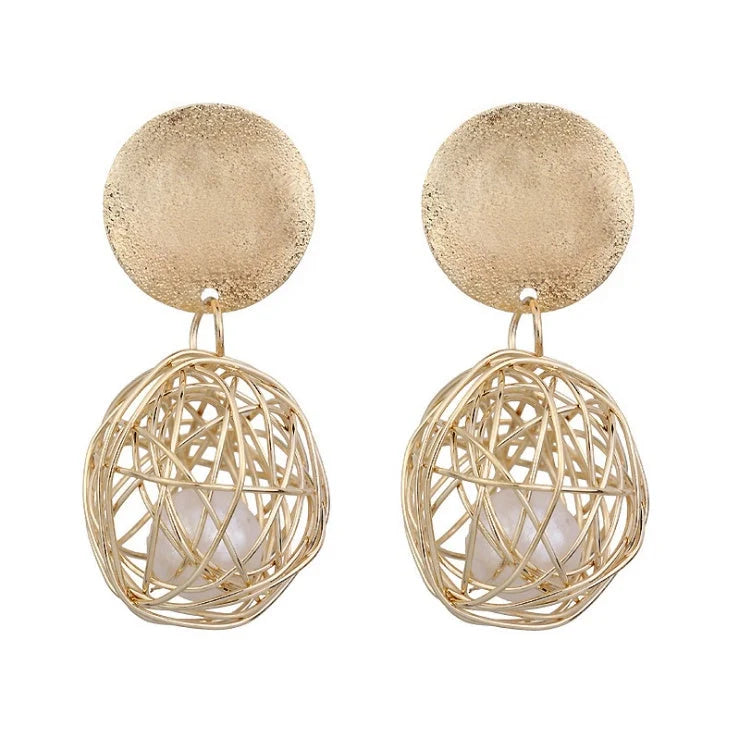Vintage Geometric Earrings with woven ball and pearl stud design, 4.5cm length