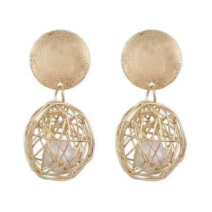 Vintage Geometric Earrings with woven ball and pearl stud design, 4.5cm length