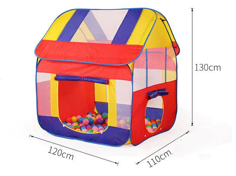 Large blue children's play tent with roll-up mosquito curtain in garden setting