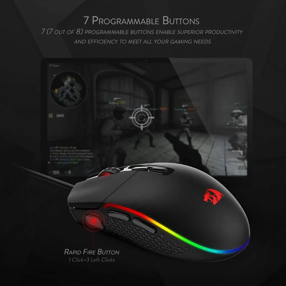 Black wired gaming mouse with nine buttons and four-way scroll wheel on a desk