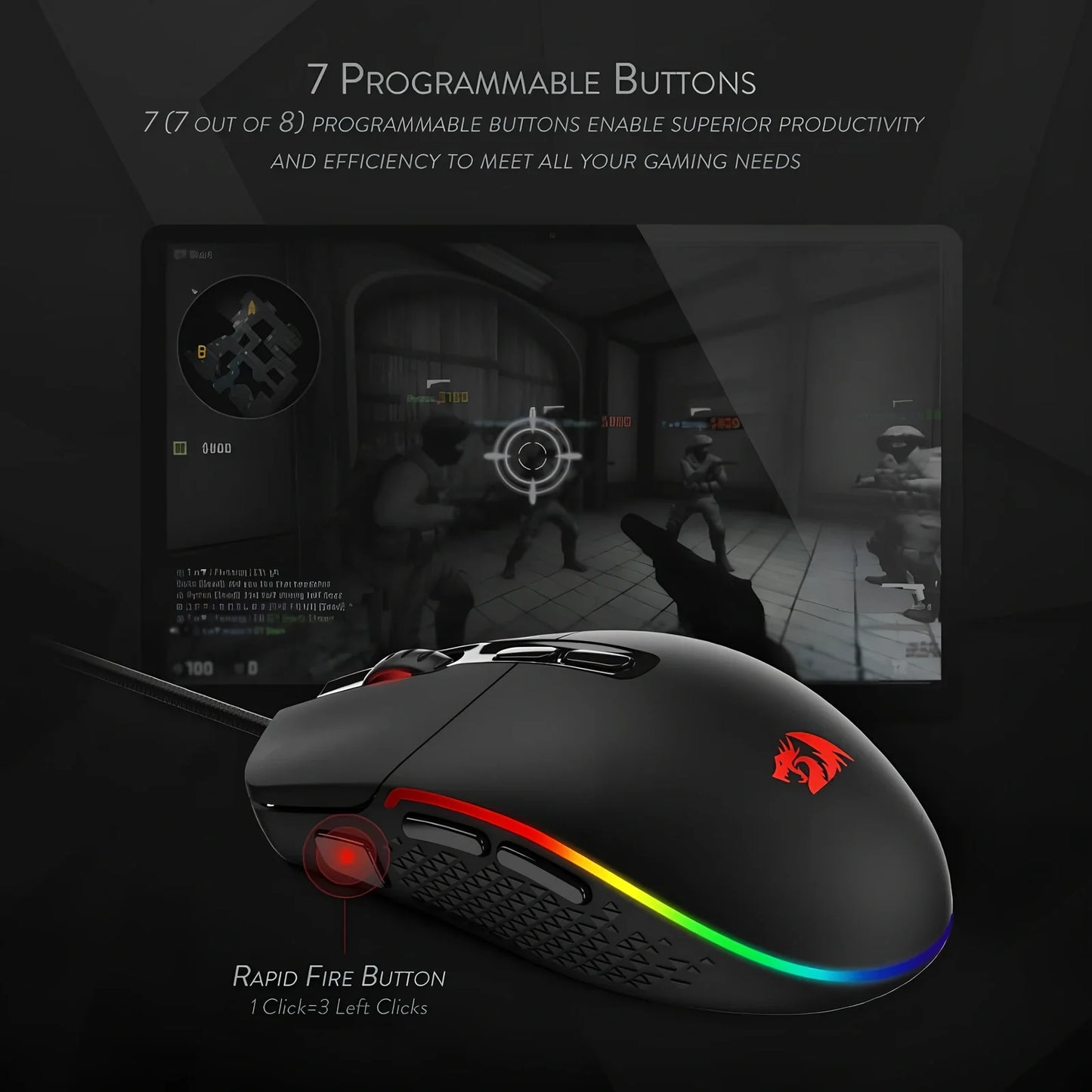 Black wired gaming mouse with 5000 DPI, 9 buttons, 1.8m USB cable, ergonomic for desktop use