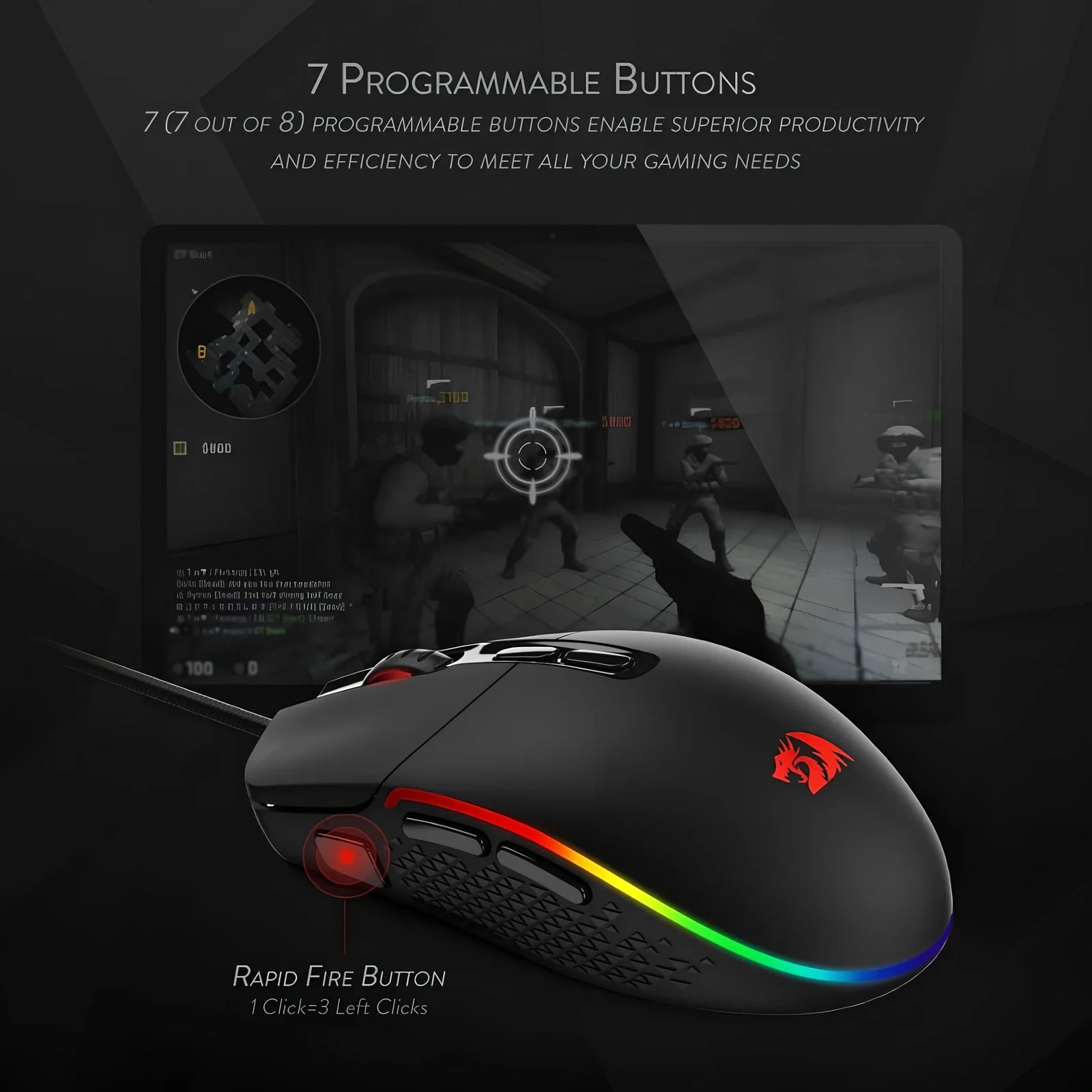 Black wired gaming mouse with 5000 DPI, 9 buttons, 1.8m USB cable, ergonomic for desktop use