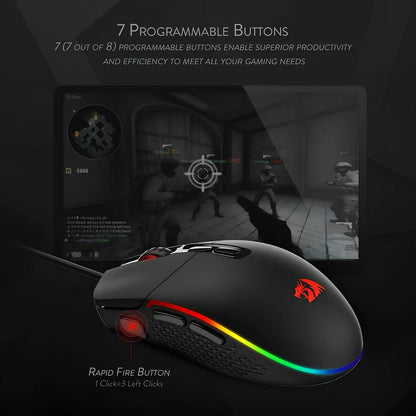 Black wired gaming mouse with 5000 DPI, 9 buttons, 1.8m USB cable, ergonomic for desktop use