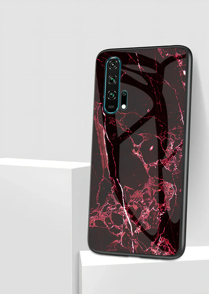 Black marble anti-fall phone case for Honor 20 with tempered glass back and silicone edges, showing grip texture and colour options