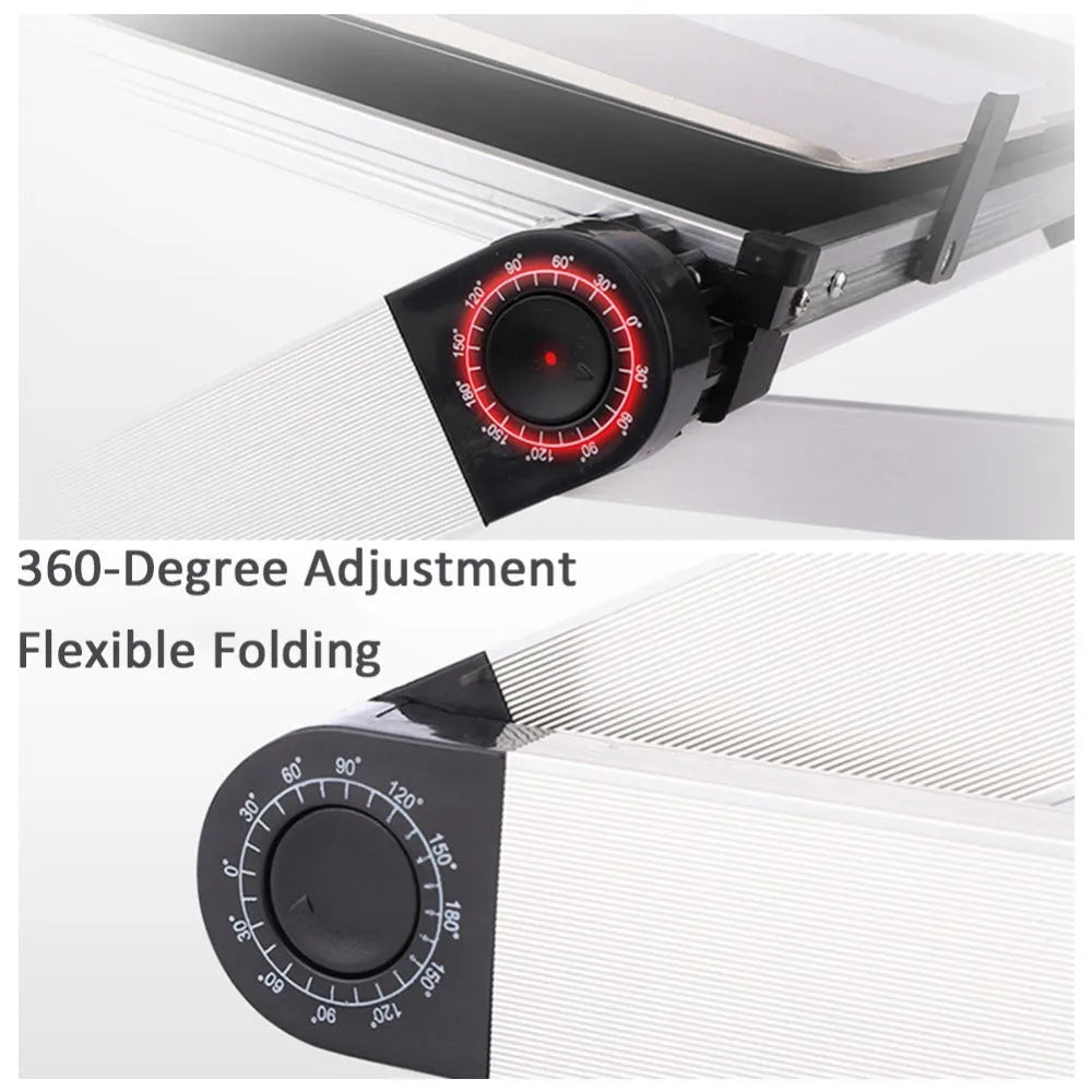 Foldable laptop stand with 360-degree adjustable angle in black, supporting a laptop on a desk
