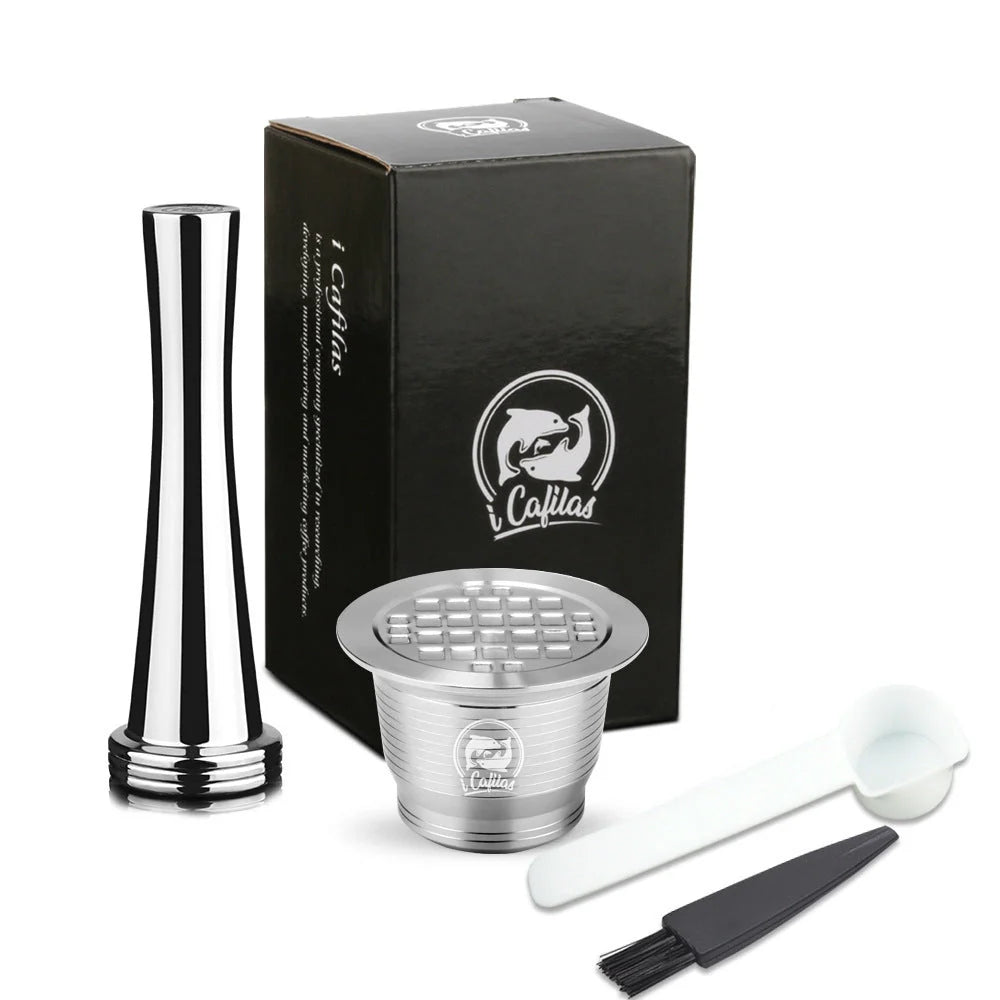Stainless steel reusable Nespresso coffee capsule with tamper and spoon