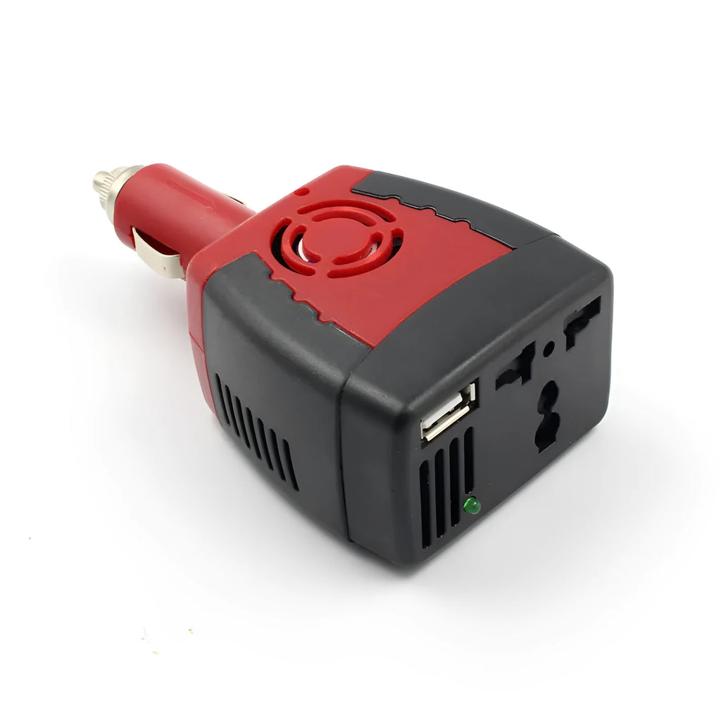 Black and red 150W car power inverter with AC outlets and USB port