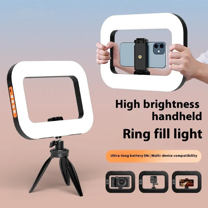 Mobile phone fill-in light kit with rechargeable lamp, desktop bracket, and phone holder for live broadcasting