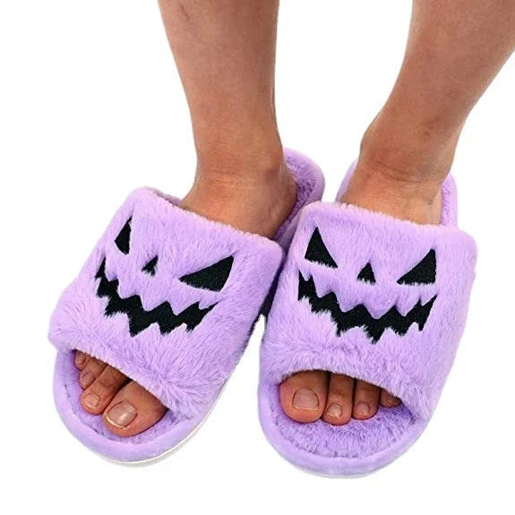 Halloween-themed women's winter slippers with rabbit fur upper in various colours