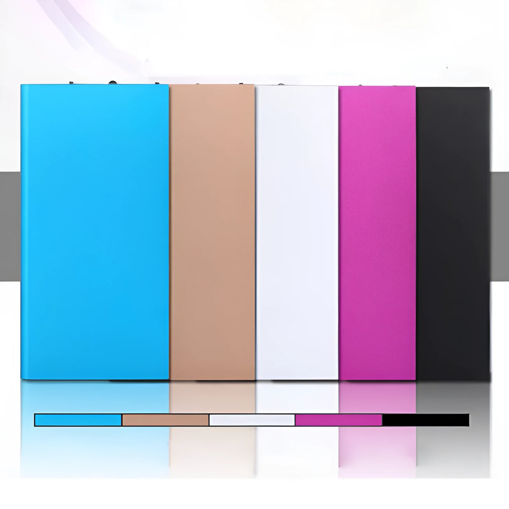 Grey power bank with multi-interface ports and alloy shell on white background