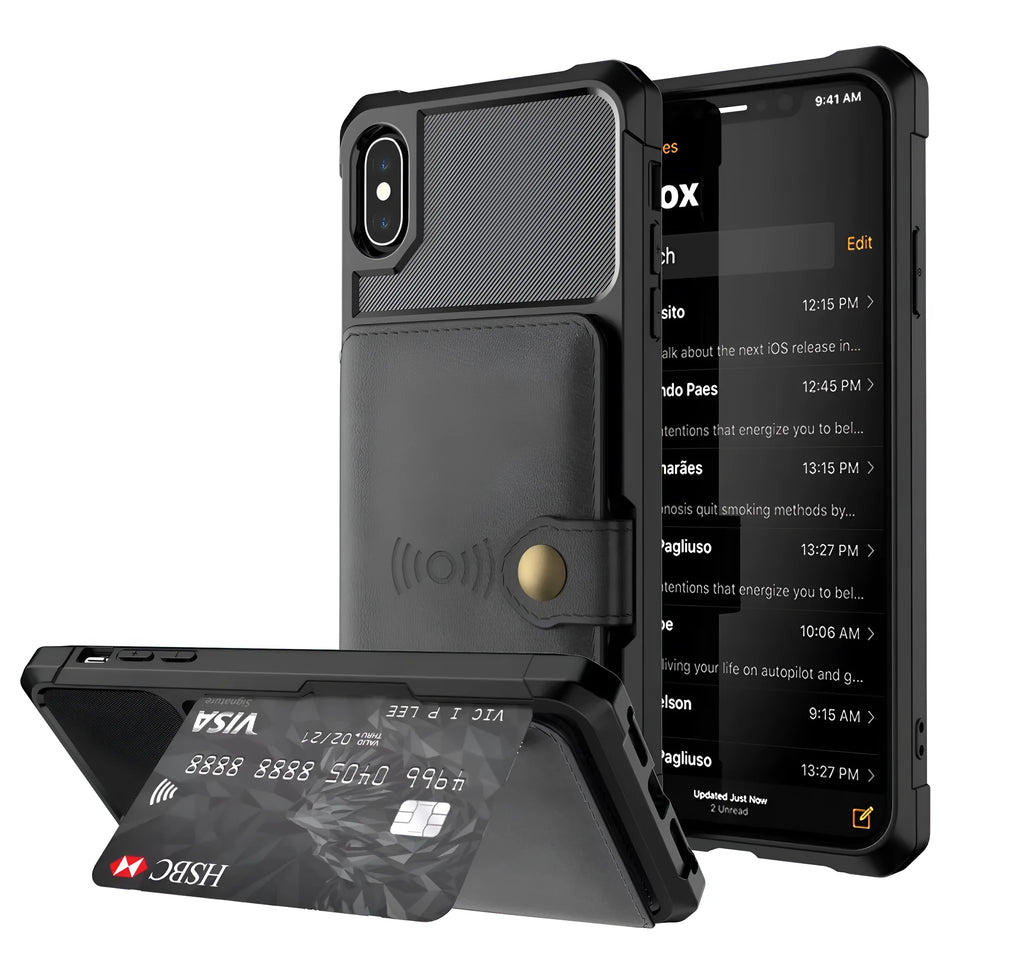 Car magnetic protection cover PU back case with built-in stand in black for iPhone and Samsung phones