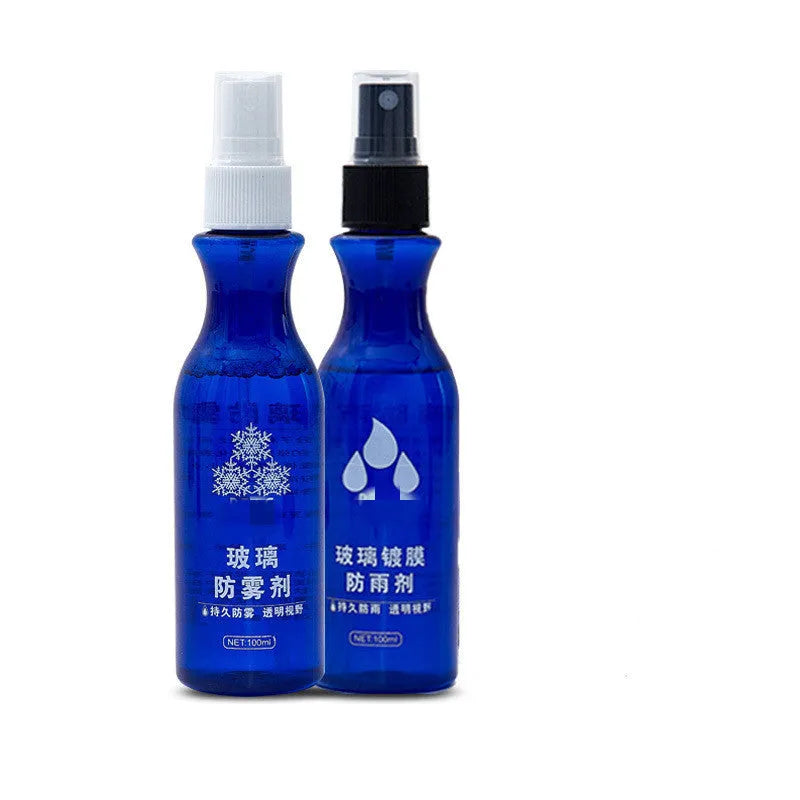 Blue bottle of windscreen liquid-spray anti-fog agent 100 ml on car dashboard