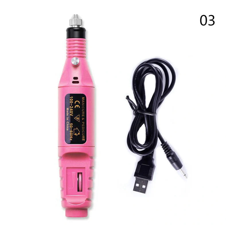Pink USB-charging electric nail drill machine with 6 grinding heads and power cord