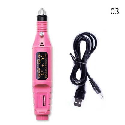 Pink USB-charging electric nail drill machine with 6 grinding heads and power cord