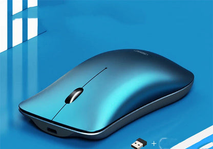 Ultra-thin silent wireless rechargeable Bluetooth mouse in blue, green, and silver