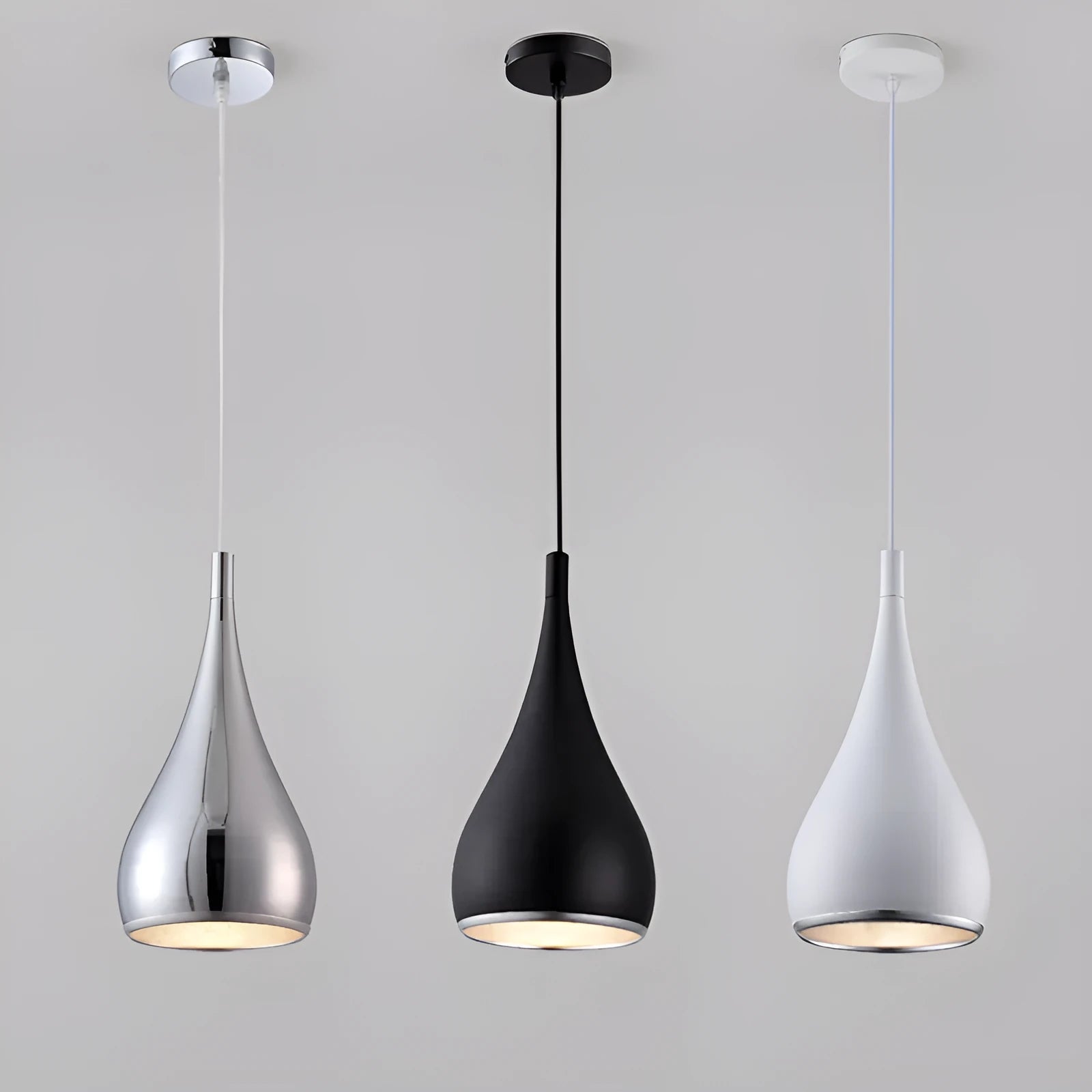 Iron minimalist chandelier in black, white, or chrome with single head or multi-head configurations