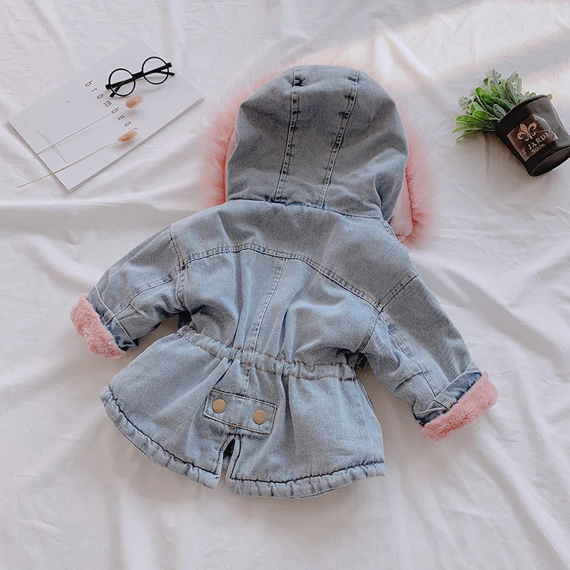 Girl denim coat in blue and pink with plus velvet lining and attached hat
