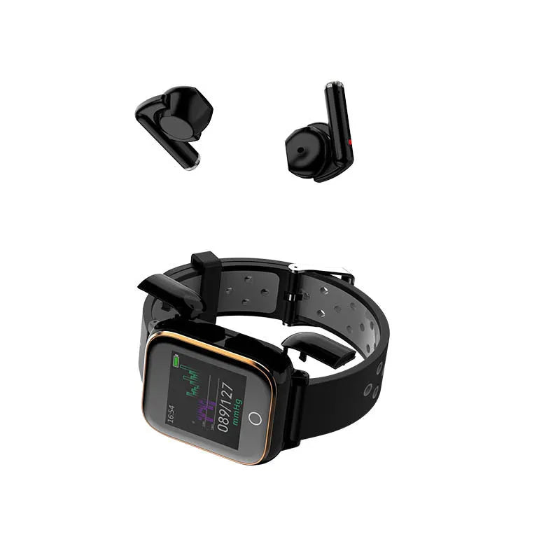 Black smartwatch with integrated Bluetooth earbuds showing heart rate monitoring on 1.4-inch display