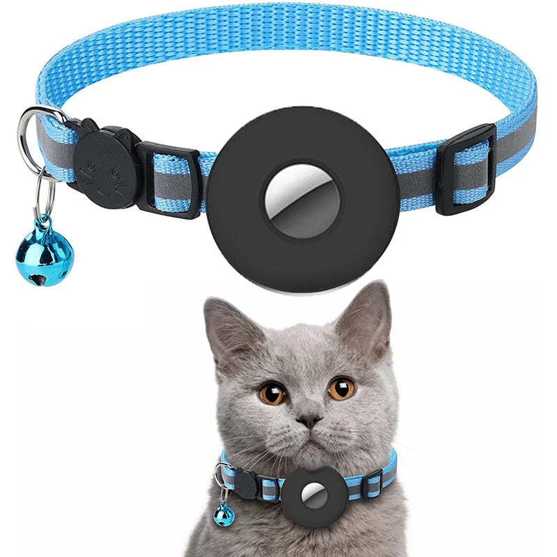 Reflective Airtag pet collar with bell for cats and dogs, adjustable and waterproof