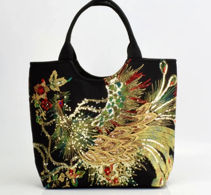 Canvas peacock embroidery small handbag with detachable strap in various colours