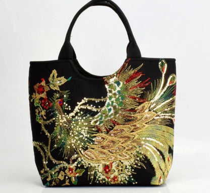 Canvas peacock embroidery small handbag with detachable strap in various colours