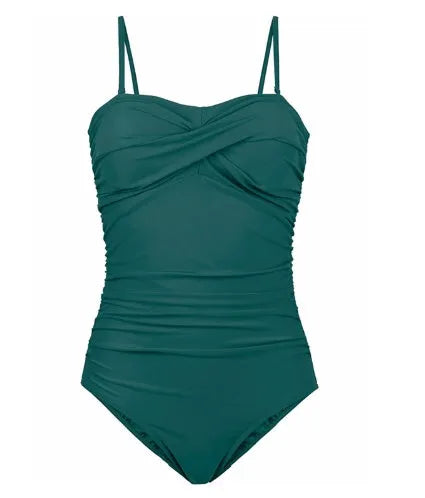 Women's plus-size one-piece swimsuit with open back and steel belt in black, green, and wave point colours