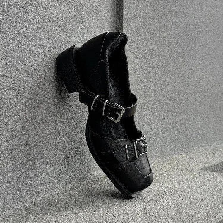 Black women's casual round toe PU mid heel shoes with metal buckle and belt decoration, front lace-up