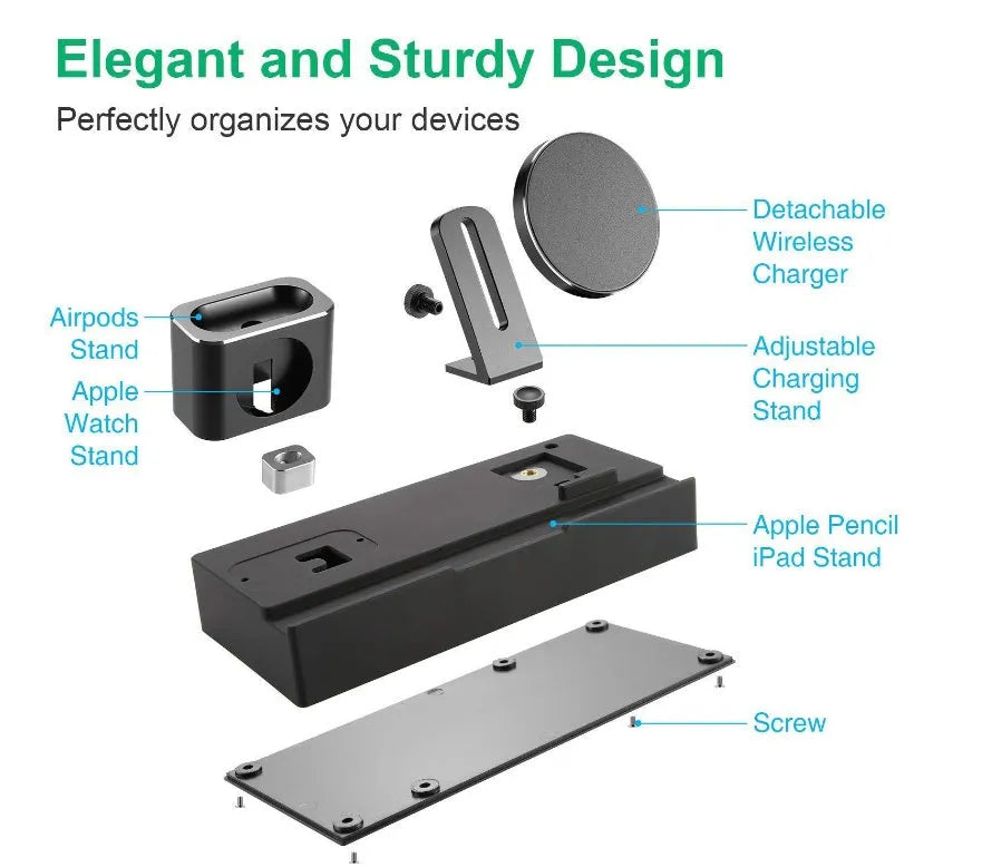 Eight in one wireless charging bracket black with 5 USB ports and wireless charging pad, ABS+PC fireproof material, compact size