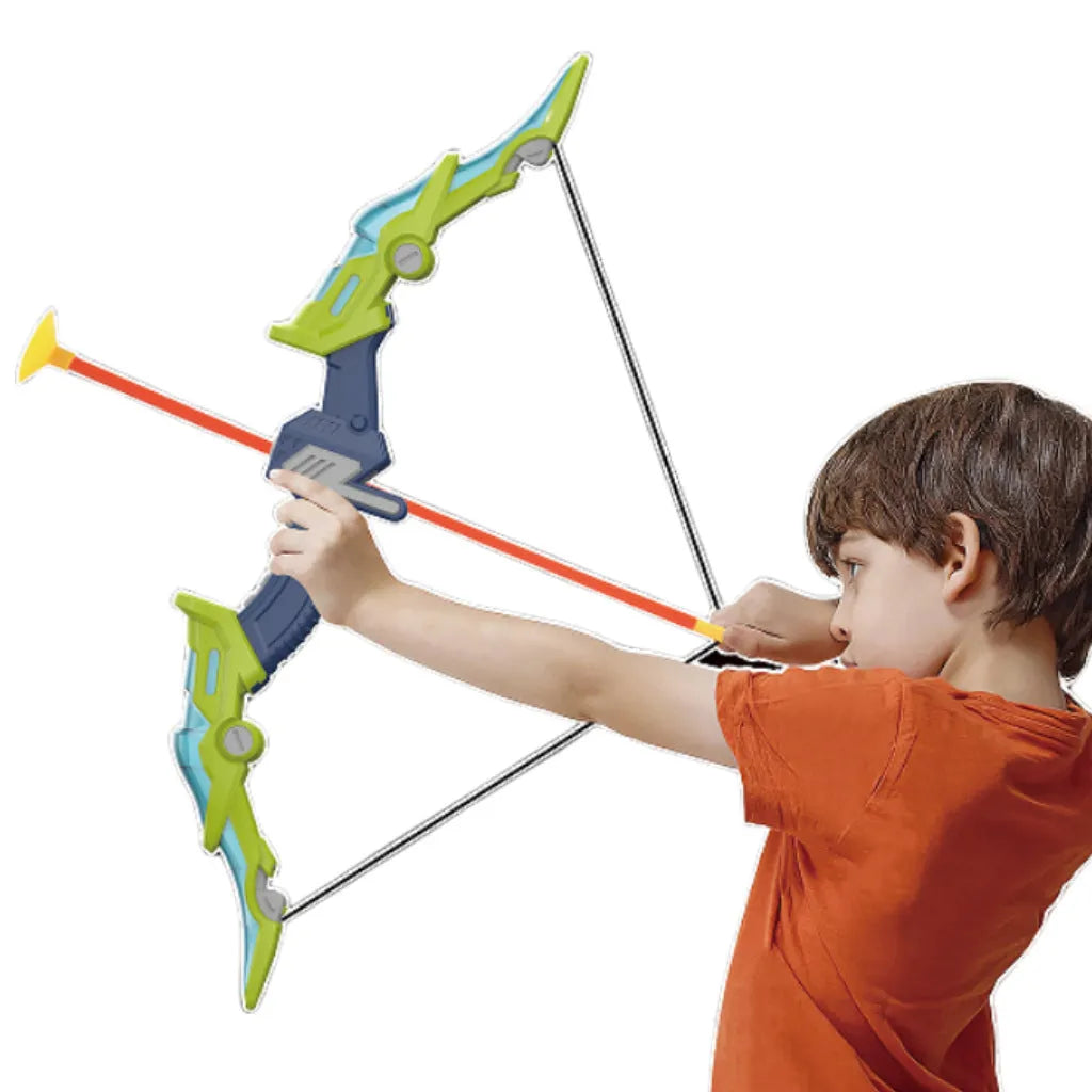 Children's bow and arrow set with green detachable bow and light-up arrows for outdoor target practice