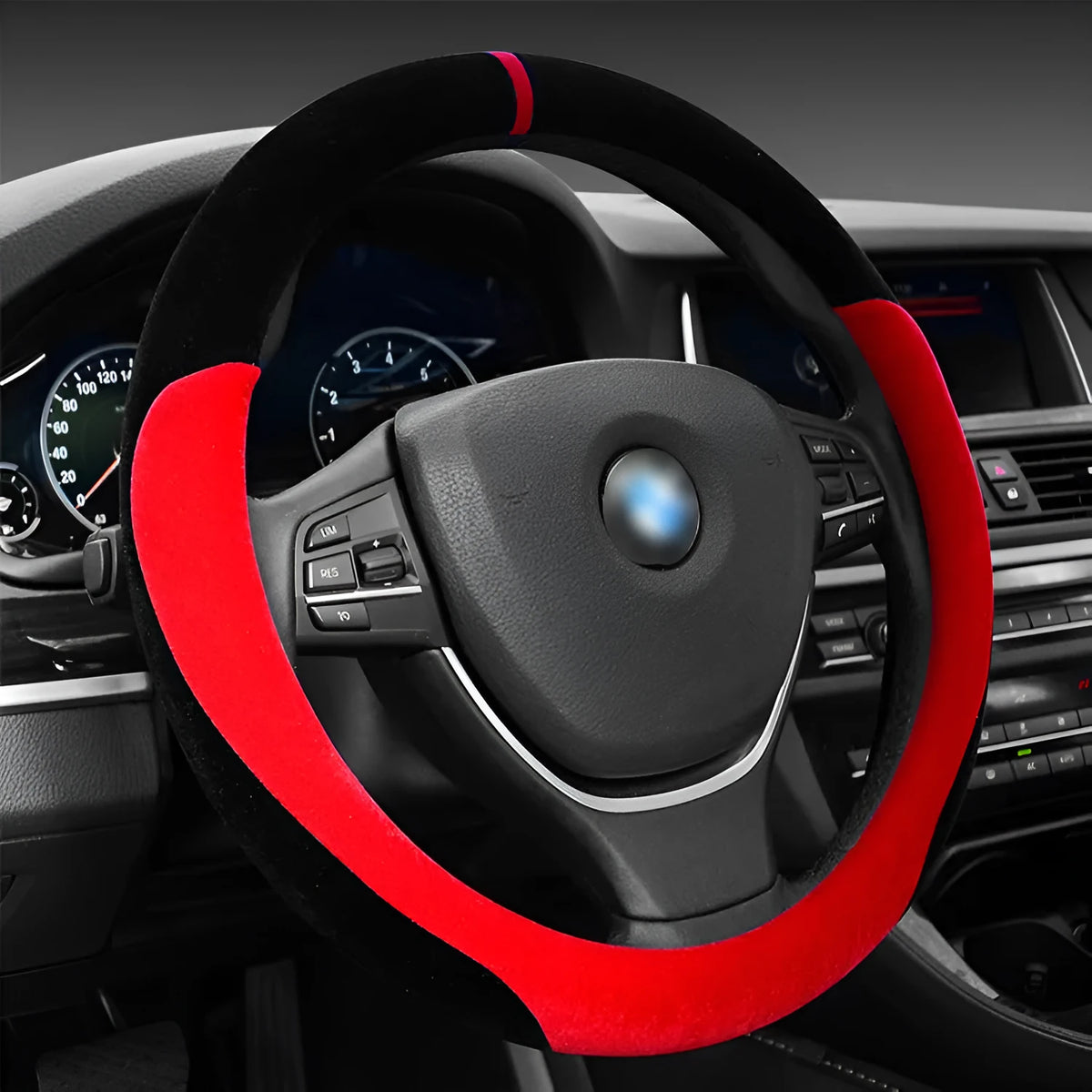 Winter short plush flocking steering wheel cover in black beige with rubber inner ring, 38cm universal fit