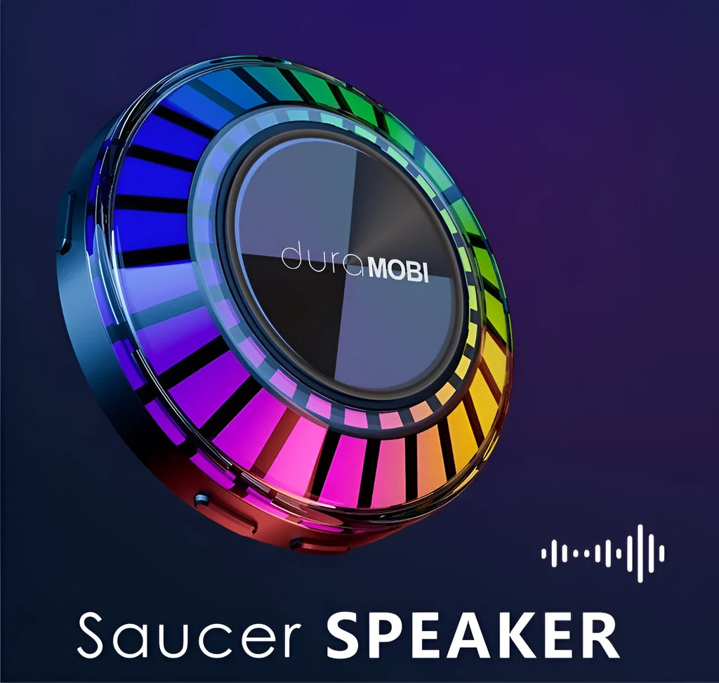Black portable wireless Bluetooth subwoofer with 72-colour breathing rhythm lighting on a desktop