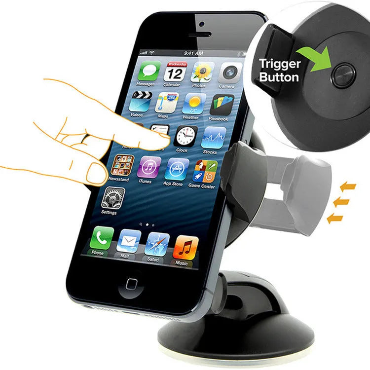 Universal suction cup car phone holder with adjustable clamp for smartphones 5cm-8cm wide, available in black and blue