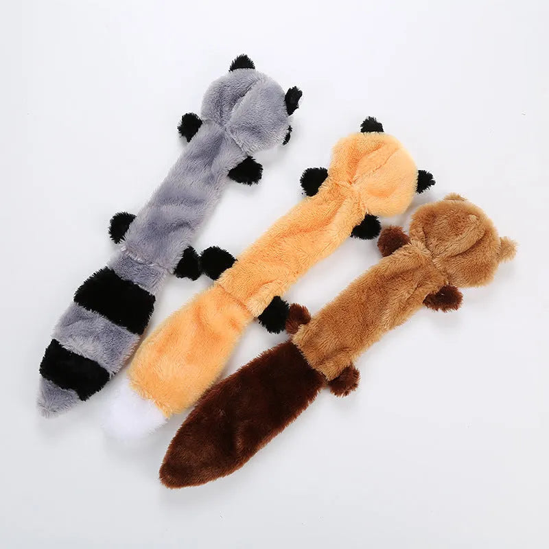46cm plush dog toy with squeaker in brown, carrot, grey, or yellow colour options