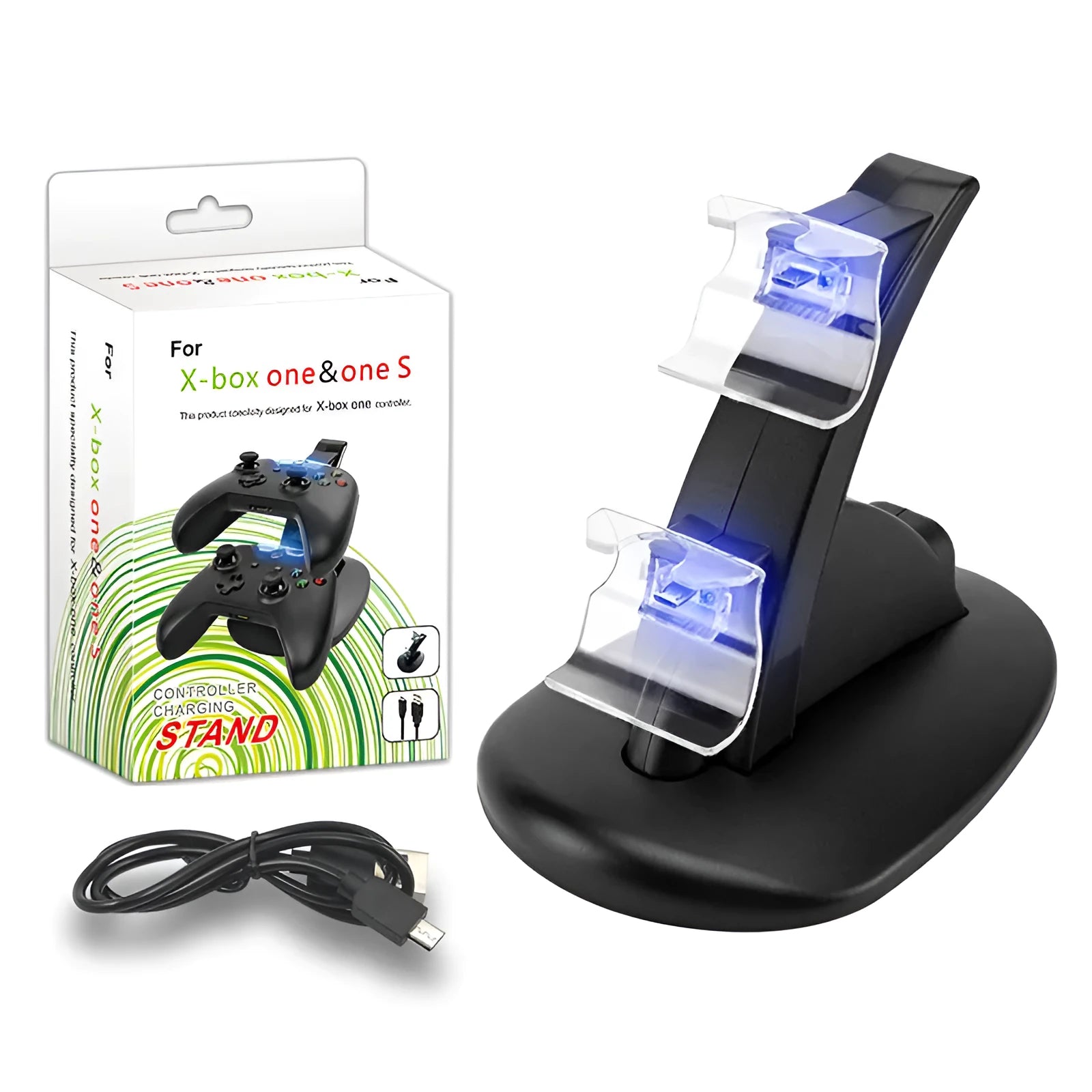 Black Xbox One dual controller charging stand dock showing two gamepads charging.