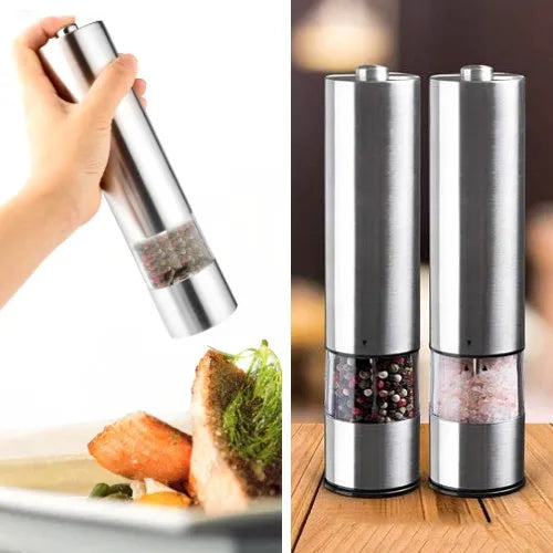 Stainless steel electric pepper grinder with natural colour finish, showing adjustable coarseness dial.