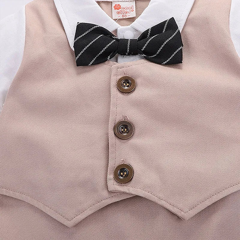 Cotton short sleeve baby romper for boys, black, with removable hood, British gentleman style