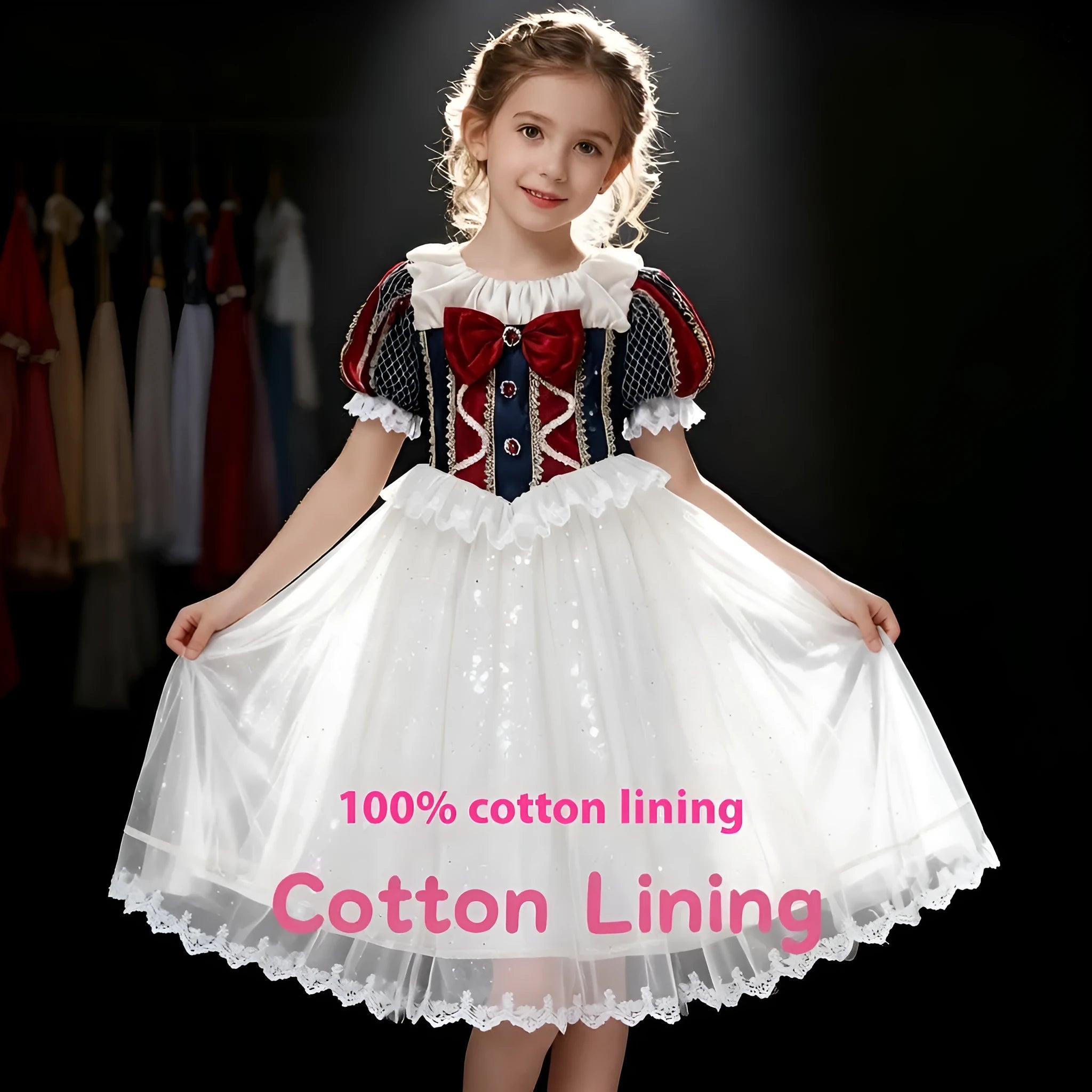 Summer Lolita children's dress short sleeve in purplish blue with purplish red, lace trim, satin fabric, cotton lining, princess style