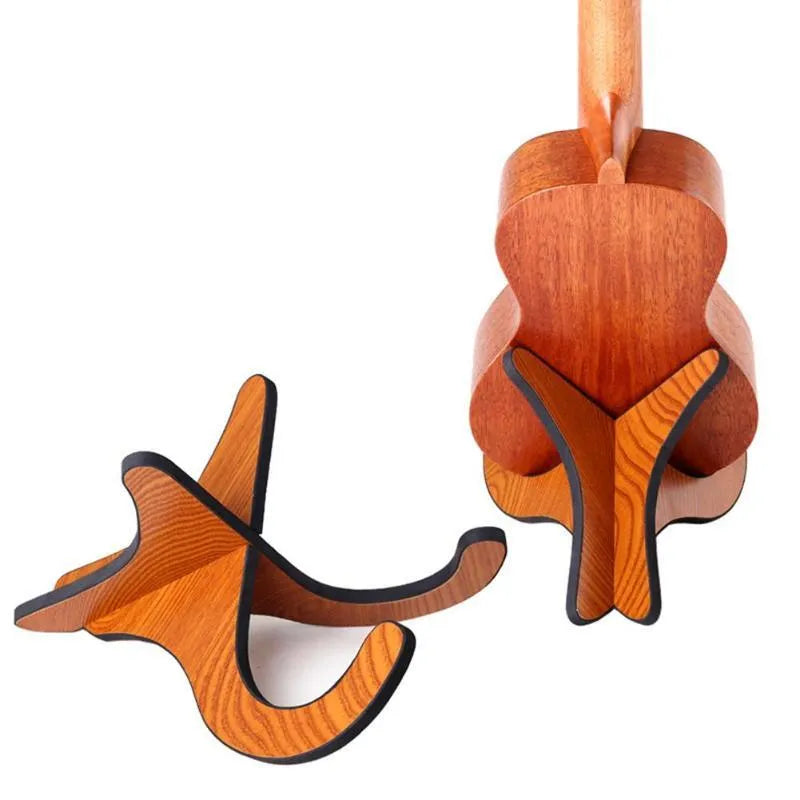 Brown wood folding ukulele stand with EVA padding, suitable for 21 23 26 inch ukuleles