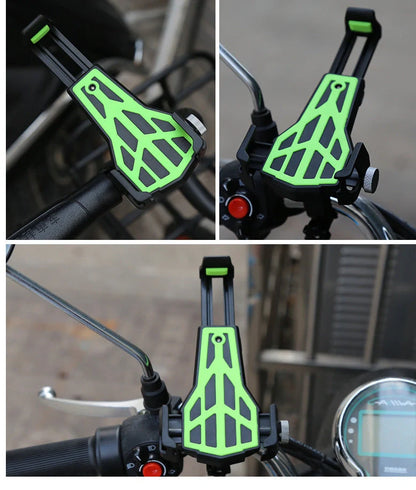 Bicycle handlebar phone holder with triangular design and 360 rotation in multiple colours