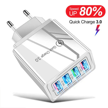 Powerful USB wall charger with Quick Charge 3.0 and 4 charging ports for fast, convenient device charging