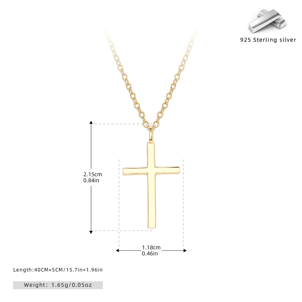 Simple glossy cross pendant on an O-shaped sterling silver chain necklace.