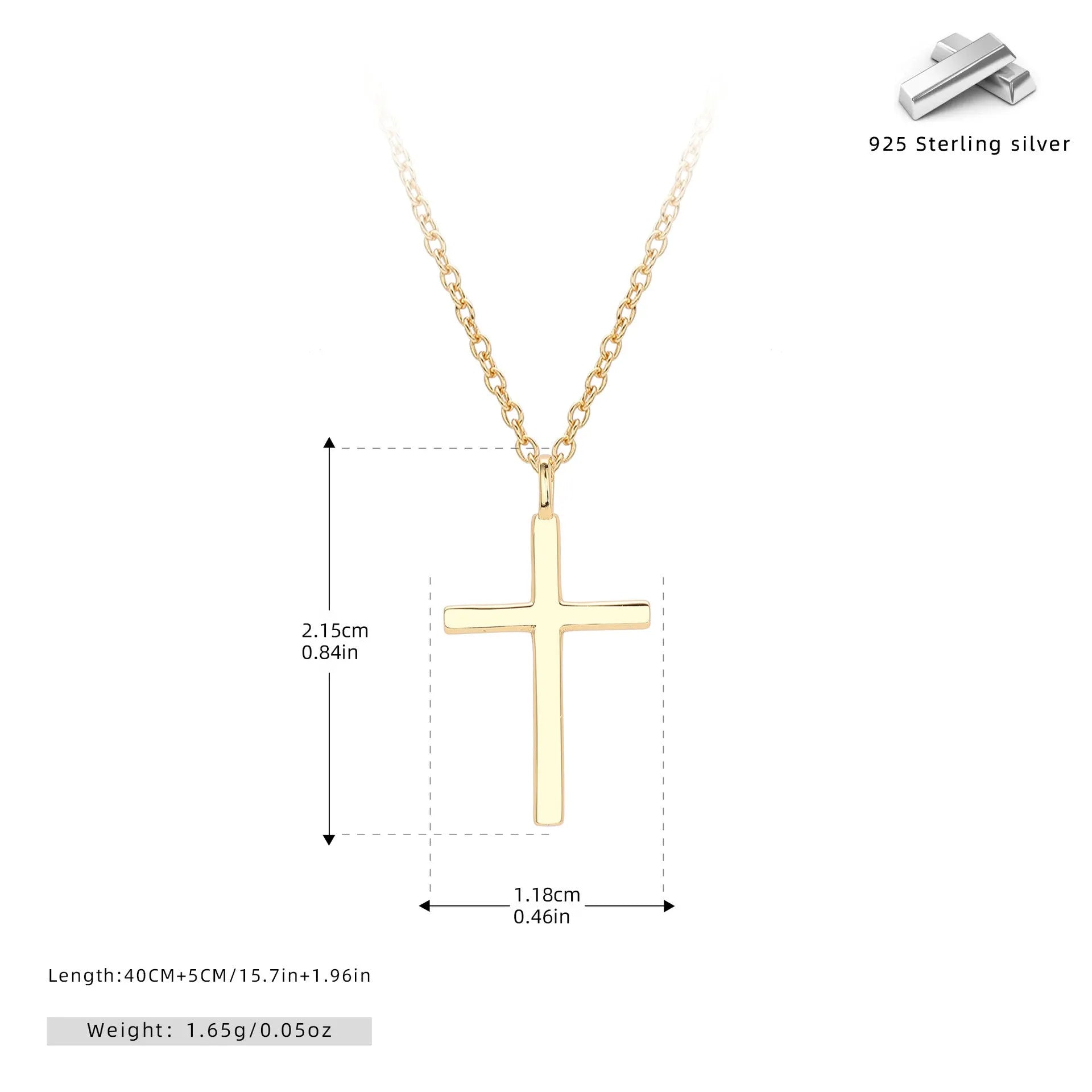 Simple glossy cross pendant on an O-shaped sterling silver chain necklace.