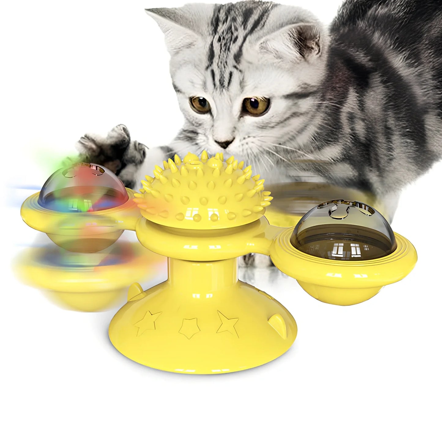 Yellow windmill cat toy with suction base, 158x74x69mm, transparent bins for balls, spinning blades and furry attachment